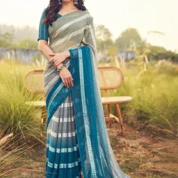 Satrani Teal Blue & Grey Striped Saree With Unstitched Blouse-image-37