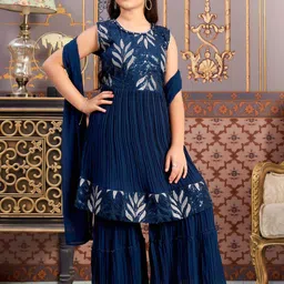 BAESD Girls Floral Printed Round Neck Sequinned Anarkali Kurta With Sharara & Dupatta-picture-46