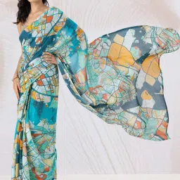 navyasa by liva Blue Printed Saree With Unstitched Blouse image 4
