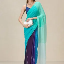 navyasa by liva Blue Printed Saree With Unstitched Blouse image 4