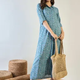 The Kaftan Company Blue Viscose Regular Fit Floral SleepwearRobes image 4