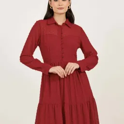 Styli Maroon Self Design Dress image 4