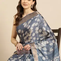 Silk Land Blue Printed Ready To Wear Saree with Unstitched Blouse image 3