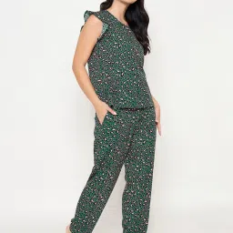 Clovia Green Crepe Relaxed Fit Animal Print Top & Pyjama image 4