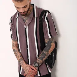 showoffff Showoff Purple Cotton Relaxed Fit Striped Shirt image 4