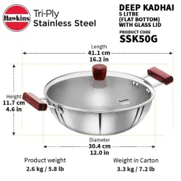 Hawkins Silver Tri-Ply Stainless Steel Deep Kadhai With Glass Lid (5000ml) image 4