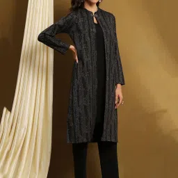 Biba Black Polyester Self Design Full Sleeves Kurta Pants & Jacket Set image 4