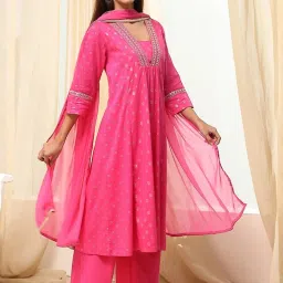 Biba Pink Cotton Printed Kurta and Pant with Dupatta image 4