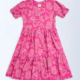 Utsa Kids by Westside Pink Bandhani Floral Cotton-Blend Tiered Dress-image-4