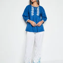 Global Desi Blue Cotton Embroidered Top image 4