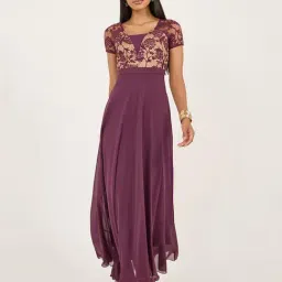 Miss Chase Purple Georgette Floral Short Sleeves Dress-image-6