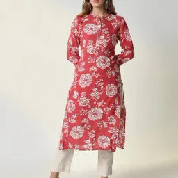 SHOWOFF Red & White Floral Print Kurta-image-9
