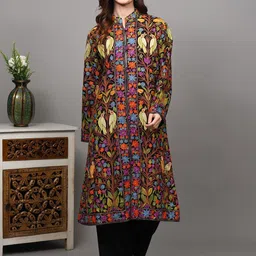 Exotic India Women Floral Woollen Longline Tailored Jacket with Embroidered image 4
