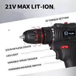 Voltz Cordless Electric Tool Kit 21V Drill Driver with 2pcs Battrey & Carry Case with 23 Piece DIY Accessory Kit image 3