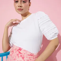 EVERYDAY by ANI White Schiffli Puff Sleeves Top-image-15