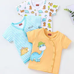 Babyhug 100% Cotton Knit Half Sleeves Striped & Dino Printed Vests Pack of 3 - Orange White & Blue-picture-22