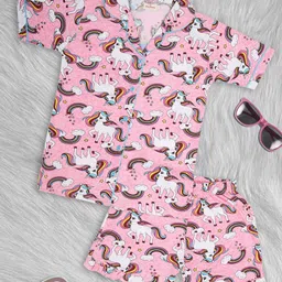 Ninos Dreams Half Sleeves Unicorn Printed Night Suit - Pink-image-99