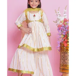 Little Bansi Cotton Three Fourth Sleeves Abstract Foil Printed & Beads Embellished Kurta Sharara Dupatta  Set - Cream-picture-12