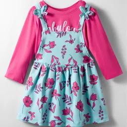 Doodle Poodle Single Jersey Knit Frock & Full Sleeves Inner Tee With Floral Print & Bow Applique - Light Blue & Dark Pink-picture-31