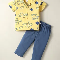 WOW Clothes Sinker Knit Half Sleeves Night Suit With Aeroplane Print - Yellow & Navy Blue-image-85