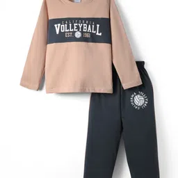 Taeko Single Jersey Knit Full Sleeves T-Shirt & Pant Set With Text Print - Light Brown & Black-picture-26