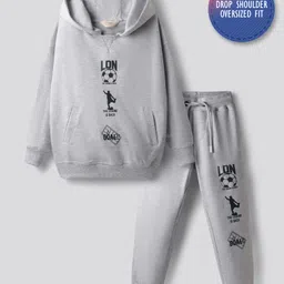 Primo Gino Cotton French Terry Knit Drop Shoulder Full Sleeves Oversized Hooded Sweatshirt & Joggers with Football Print - Grey image 1