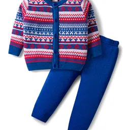 Babyhug Knitted Full Sleeves Front Open Sweater Set With Geometric Design - Blue-picture-10
