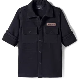 Ruff Jacquard Knit Full Sleeves Solid Cargo Shacket Shirt - Black-picture-19