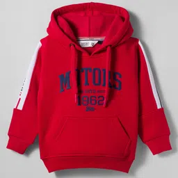 Ruff Fleece Denim Knit Full Sleeves Hooded Sweatshirt With Text Print & Kangaroo Pockets - Red-picture-23