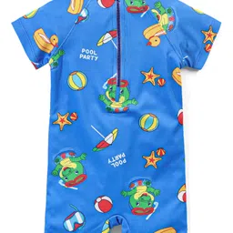 Babyhug Raglan Half Sleeves Crocodile Printed Legged Swimsuit - Blue image 2
