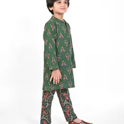 Babyhug Cambric Full Sleeves Floral Embroidered Kurta & Pyjama Set - Olive Green image 2