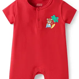 Babyhug 100% Cotton Knit Half Sleeves Rompers With Animals On Beach Print Pack of 2 - Red & Navy Blue image 2
