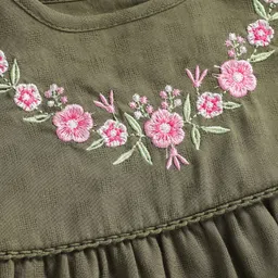 Babyhug Rayon Woven Full Sleeves Top with Floral Embroidery & Frill Detailing - Olive Green image 3