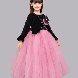 PinkChick Full Sleeves Net Gown With Bow Applique Detailed Jacket Set - Pink image 5