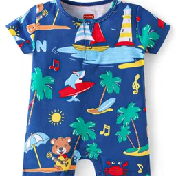 Babyhug 100% Cotton Knit Half Sleeves Rompers With Animals On Beach Print Pack of 2 - Red & Navy Blue image 4