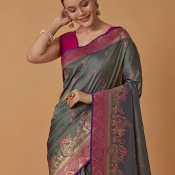Monjolika Fashion Olive & Green Banarasi Silk Zari Work Saree With Blouse image 4