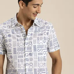 Taavi Men White & Navy Blue Indigo Hand Block Printed Sustainable Shirt with Short Sleeves-image-69