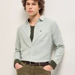 The Bear House Green Cotton Slim Fit Stripes Casual Shirt-picture-19