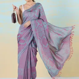 navyasa by liva Blue & Pink Printed Saree With Unstitched Blouse image 4