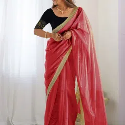 Satrani Pink Net Embroidered Saree With Unstitched Blouse-image-56