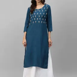 HIGHLIGHT FASHION EXPORT Teal Blue Embellished Straight Kurta image 4