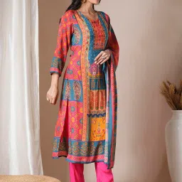 Fashor Multicolored Regular Fit Printed Kurta Pant Set With Dupatta image 4