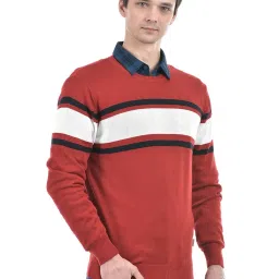 Numero Uno Dark Red Cotton Regular Fit Striped Sweater image 4