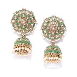 Priyaasi Gold-Plated Stones Studded Meenakari Green colour with Pearls Jhumki Earrings image 4