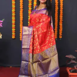 SHUBHKALA Red & Blue Silk Woven Saree With Unstitched Blouse image 4