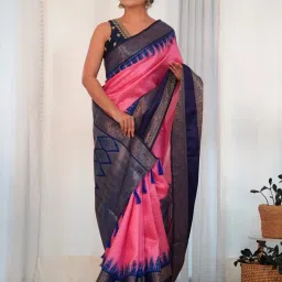 Saree Mall Pink & Blue Woven Saree With Unstitched Blouse image 4