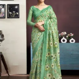 Satrani Green Cotton Blend Floral Saree With Unstitched Blouse-image-0