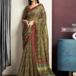 Satrani Green Cotton Blend Printed Saree With Unstitched Blouse-picture-19