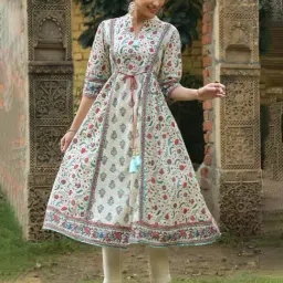 Juniper Beige Floral Printed Pure Cotton Flared Kurta image 4