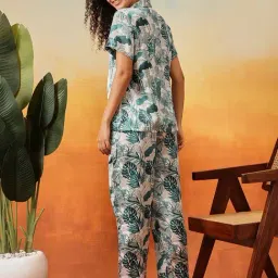 Clovia Green Satin Regular Fit Floral Print Night Suit image 2